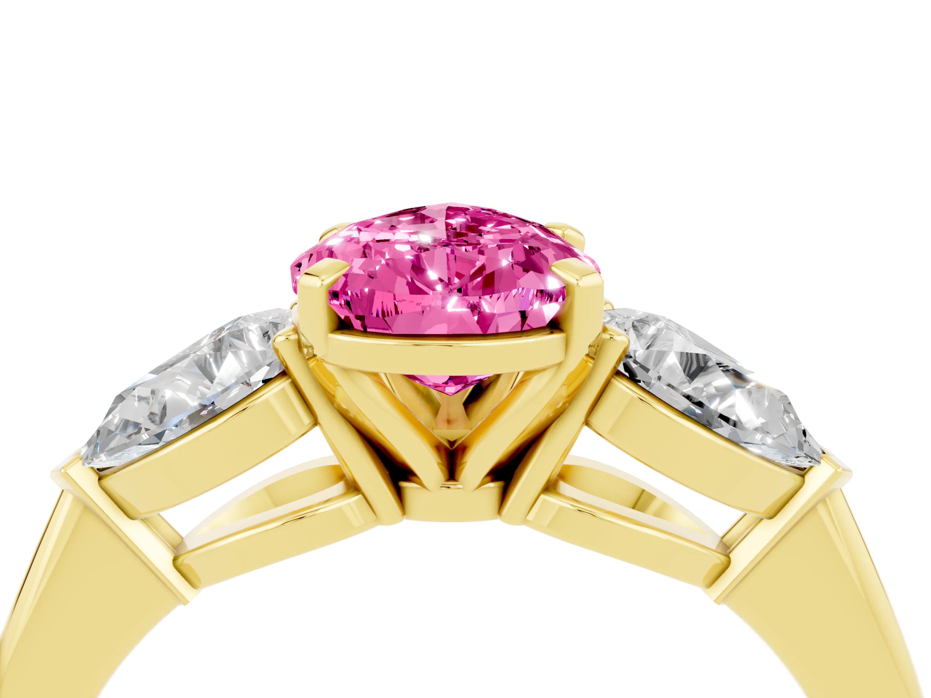 Yellow gold Three-Stone Pear Cut Pink Sapphire Ring with Pear Side Stones and Four-Prong Setting_28