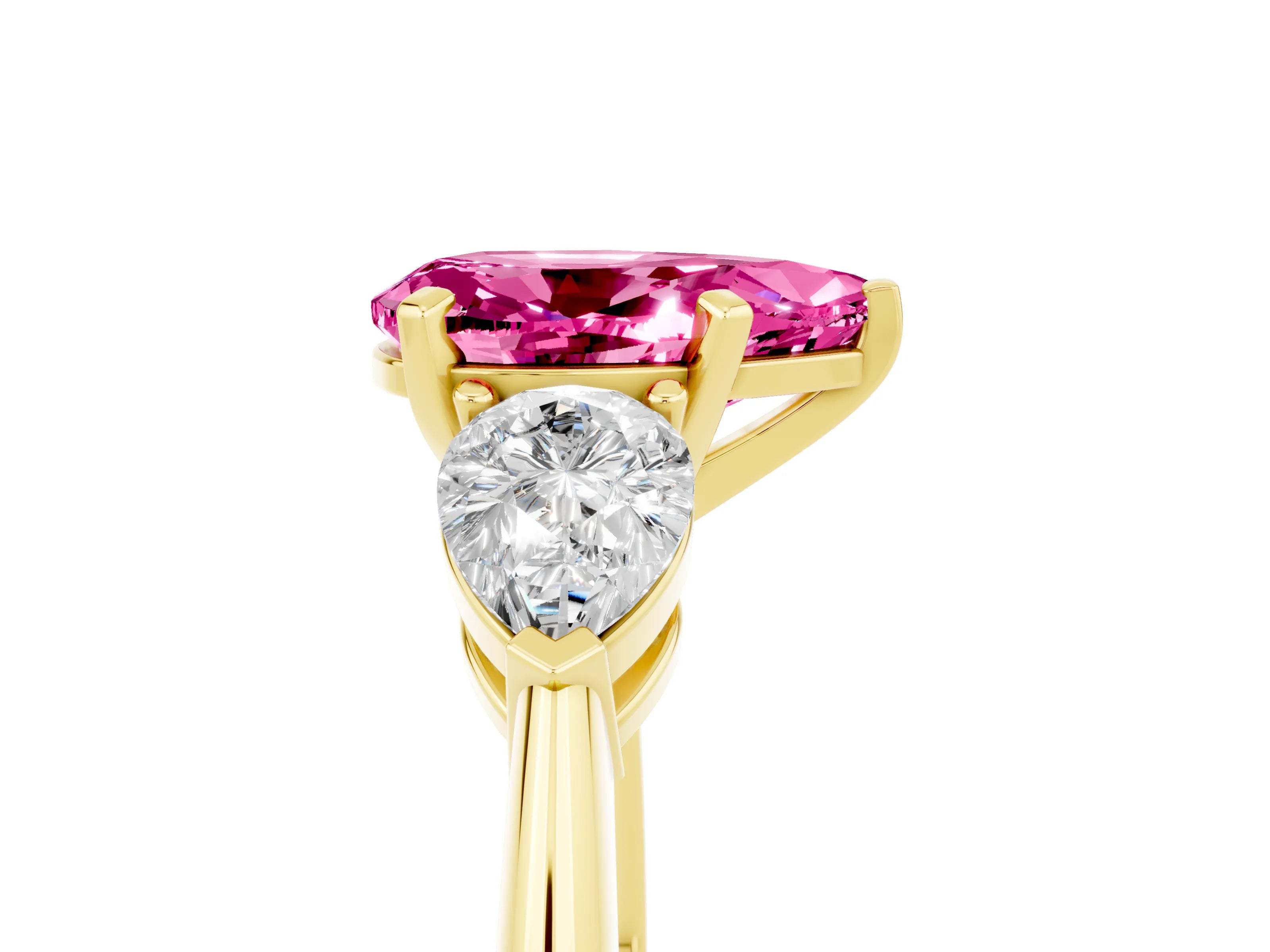 Yellow gold Three-Stone Pear Cut Pink Sapphire Ring with Pear Side Stones and Four-Prong Setting_29
