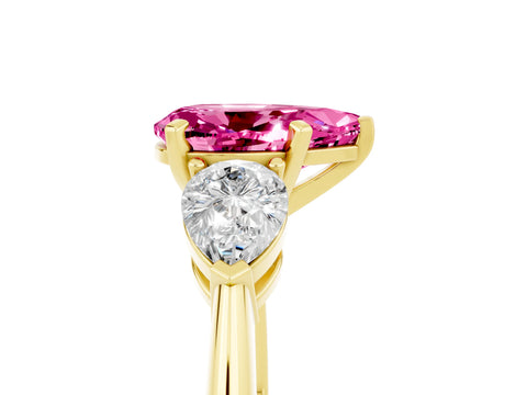 Yellow gold Three-Stone Pear Cut Pink Sapphire Ring with Pear Side Stones and Four-Prong Setting_29