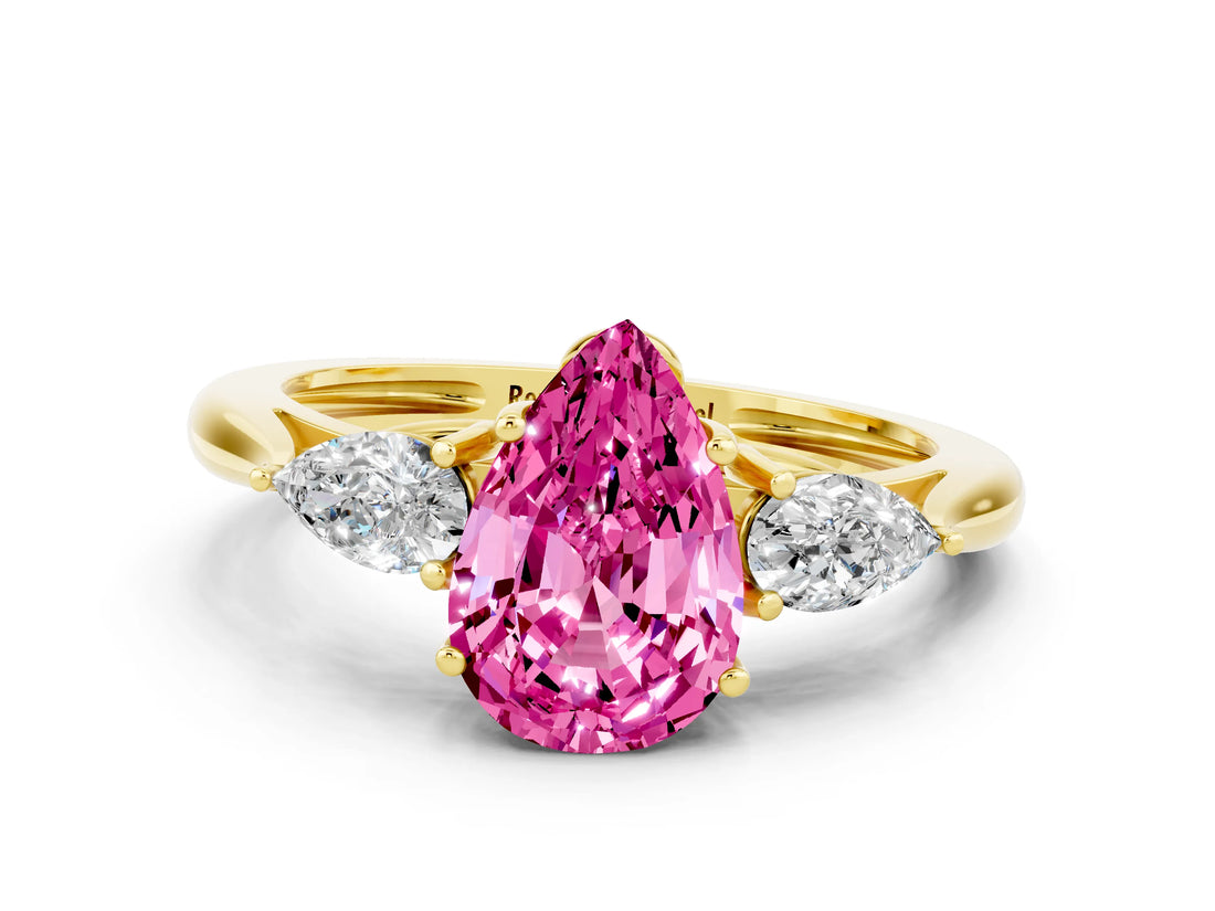 Yellow gold Three-Stone Pear Cut Pink Sapphire Ring with Pear  Side Stones in Four-Prong Setting_12