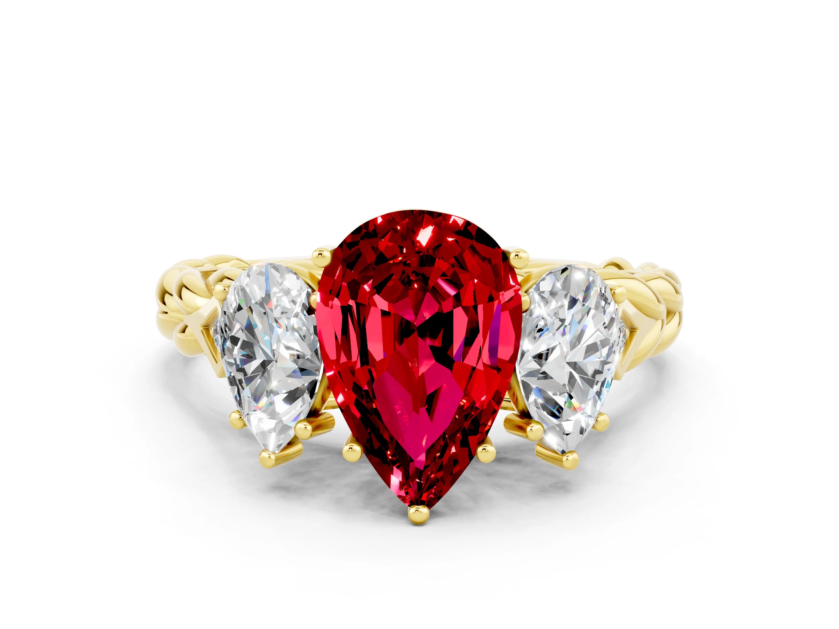 Yellow gold Three-Stone Pear Cut Ruby Braided Band Ring with Four-Prong Setting_12