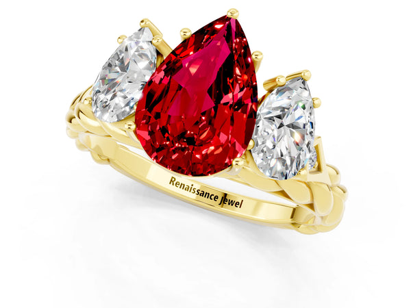 Yellow gold Three-Stone Pear Cut Ruby Braided Band Ring with Four-Prong Setting