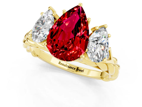 Yellow gold Three-Stone Pear Cut Ruby Braided Band Ring with Four-Prong Setting_13