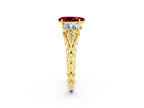 Yellow gold Three-Stone Pear Cut Ruby Braided Band Ring with Four-Prong Setting