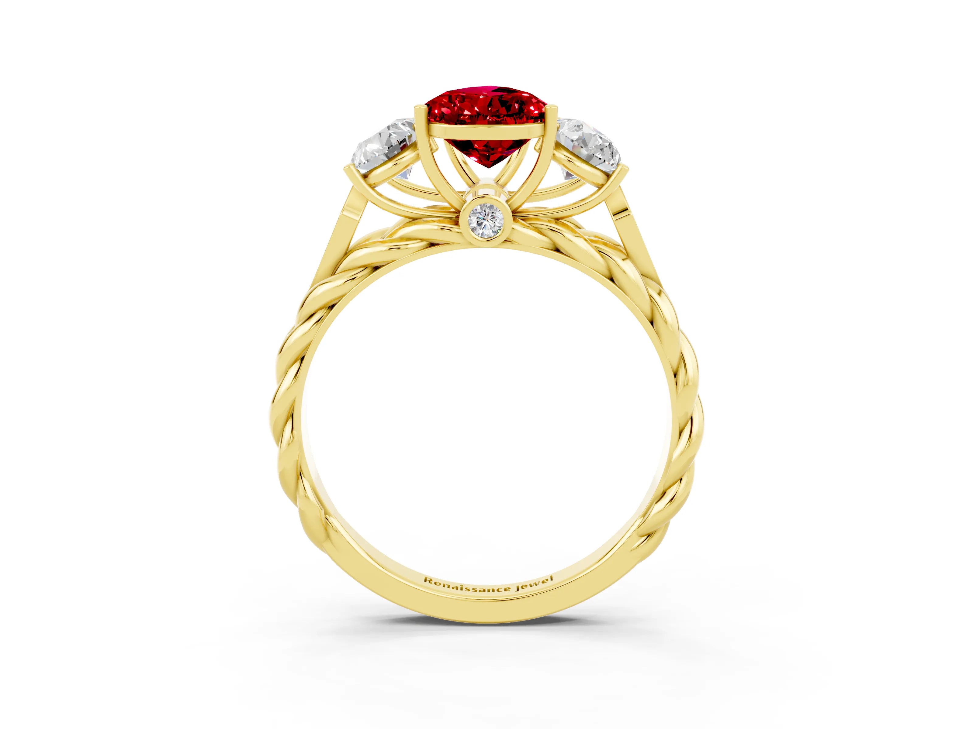 Yellow gold Three-Stone Pear Cut Ruby Braided Band Ring with Four-Prong Setting_15