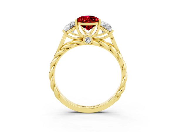 Yellow gold Three-Stone Pear Cut Ruby Braided Band Ring with Four-Prong Setting
