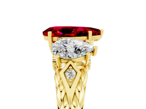 Yellow gold Three-Stone Pear Cut Ruby Braided Band Ring with Four-Prong Setting_17