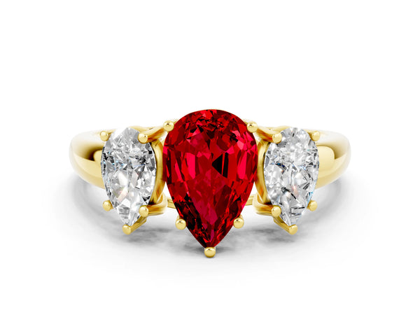 Yellow gold Three-Stone Pear Cut Ruby Engagement Ring with Prong Setting