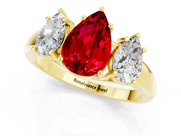 Yellow gold Three-Stone Pear Cut Ruby Engagement Ring with Prong Setting