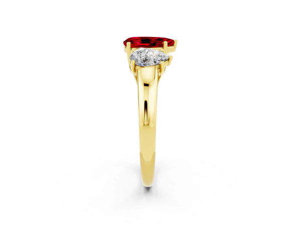 Yellow gold Three-Stone Pear Cut Ruby Engagement Ring with Prong Setting