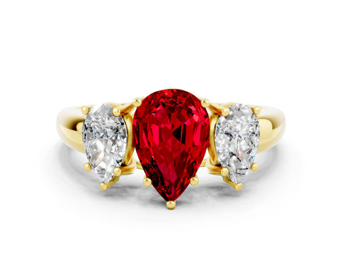 Yellow gold Three-Stone Pear Cut Ruby Engagement Ring with Prong Setting