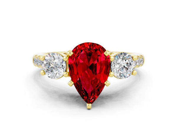 Yellow gold Three-Stone Pear Cut Ruby Pavé Band with Four-Prong Setting