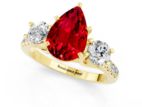 Yellow gold Three-Stone Pear Cut Ruby Pavé Band with Four-Prong Setting_1