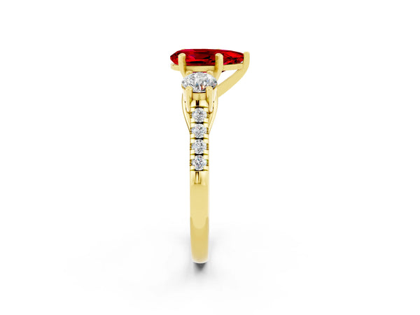 Yellow gold Three-Stone Pear Cut Ruby Pavé Band with Four-Prong Setting