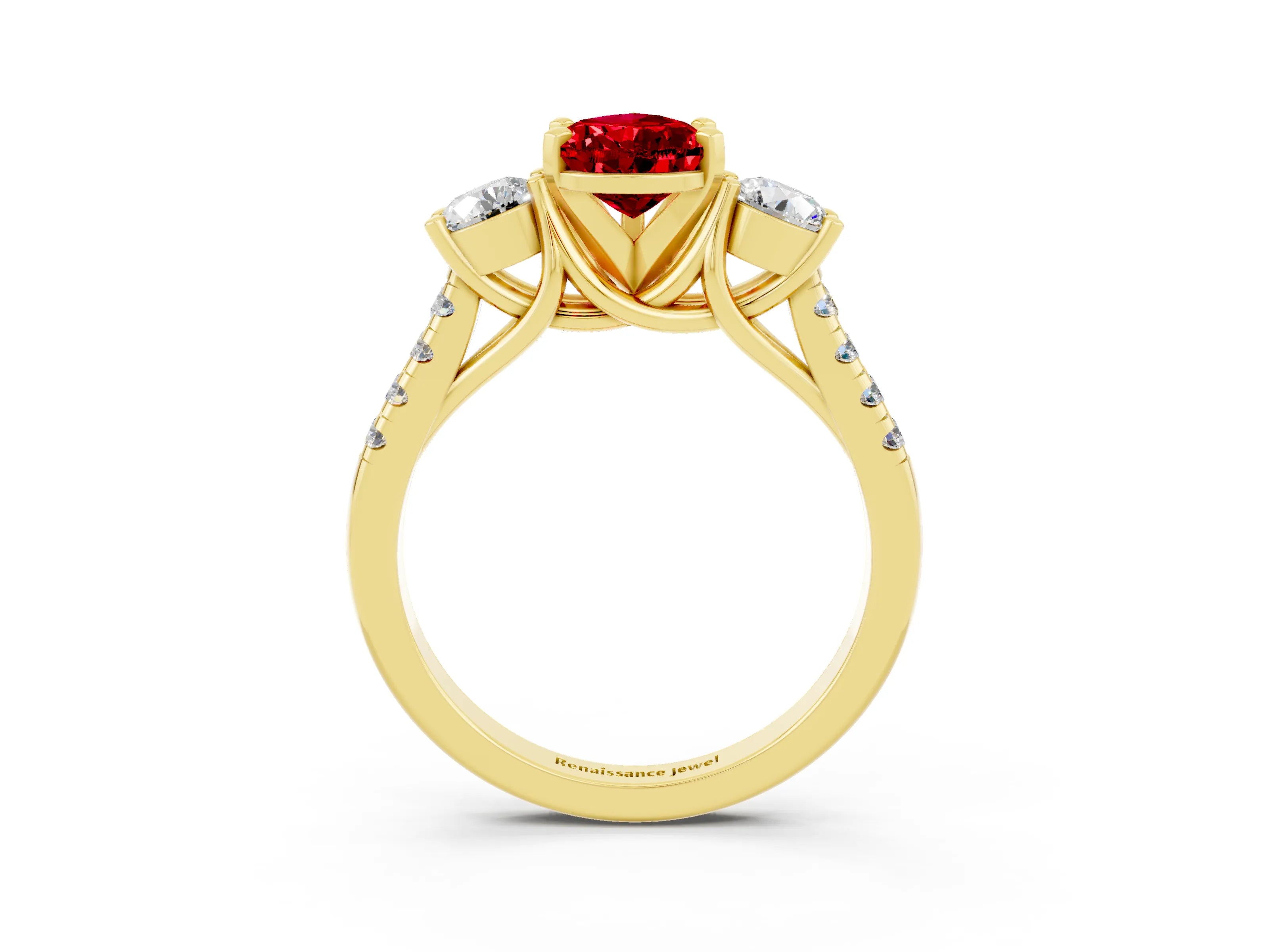 Yellow gold Three-Stone Pear Cut Ruby Pavé Band with Four-Prong Setting_3