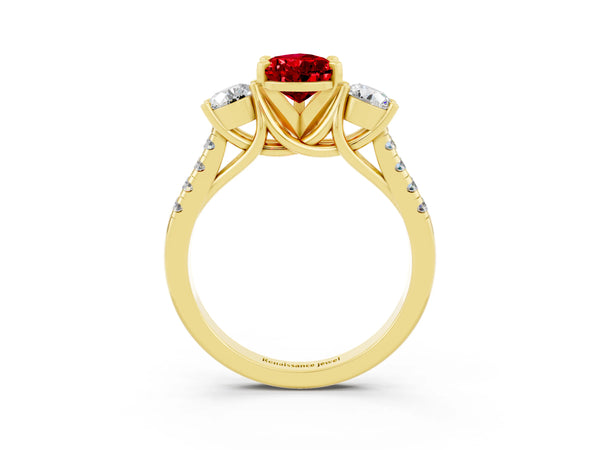 Yellow gold Three-Stone Pear Cut Ruby Pavé Band with Four-Prong Setting