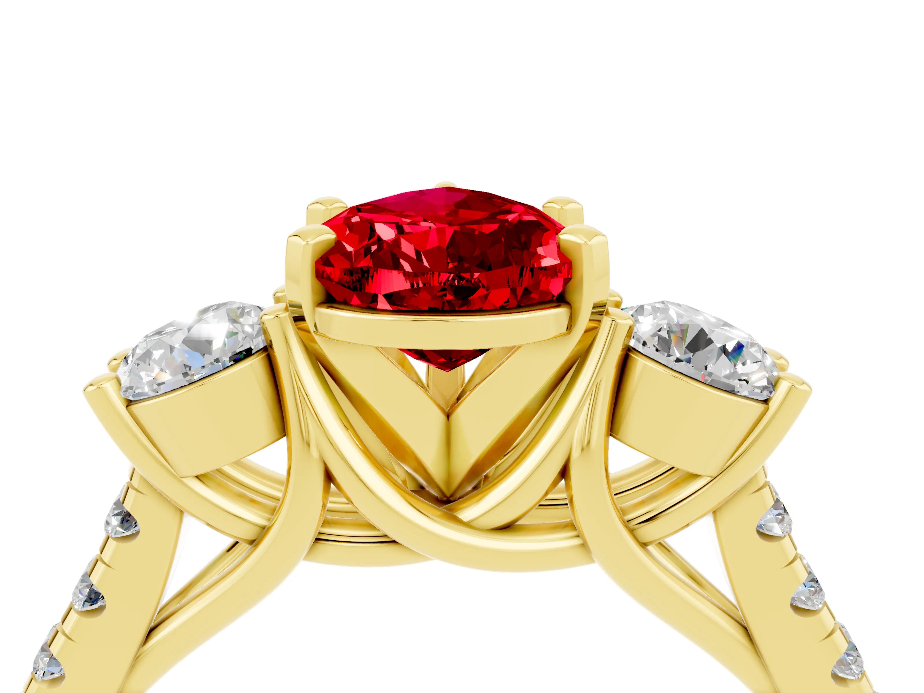 Yellow gold Three-Stone Pear Cut Ruby Pavé Band with Four-Prong Setting_4