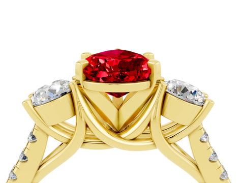 Yellow gold Three-Stone Pear Cut Ruby Pavé Band with Four-Prong Setting_4