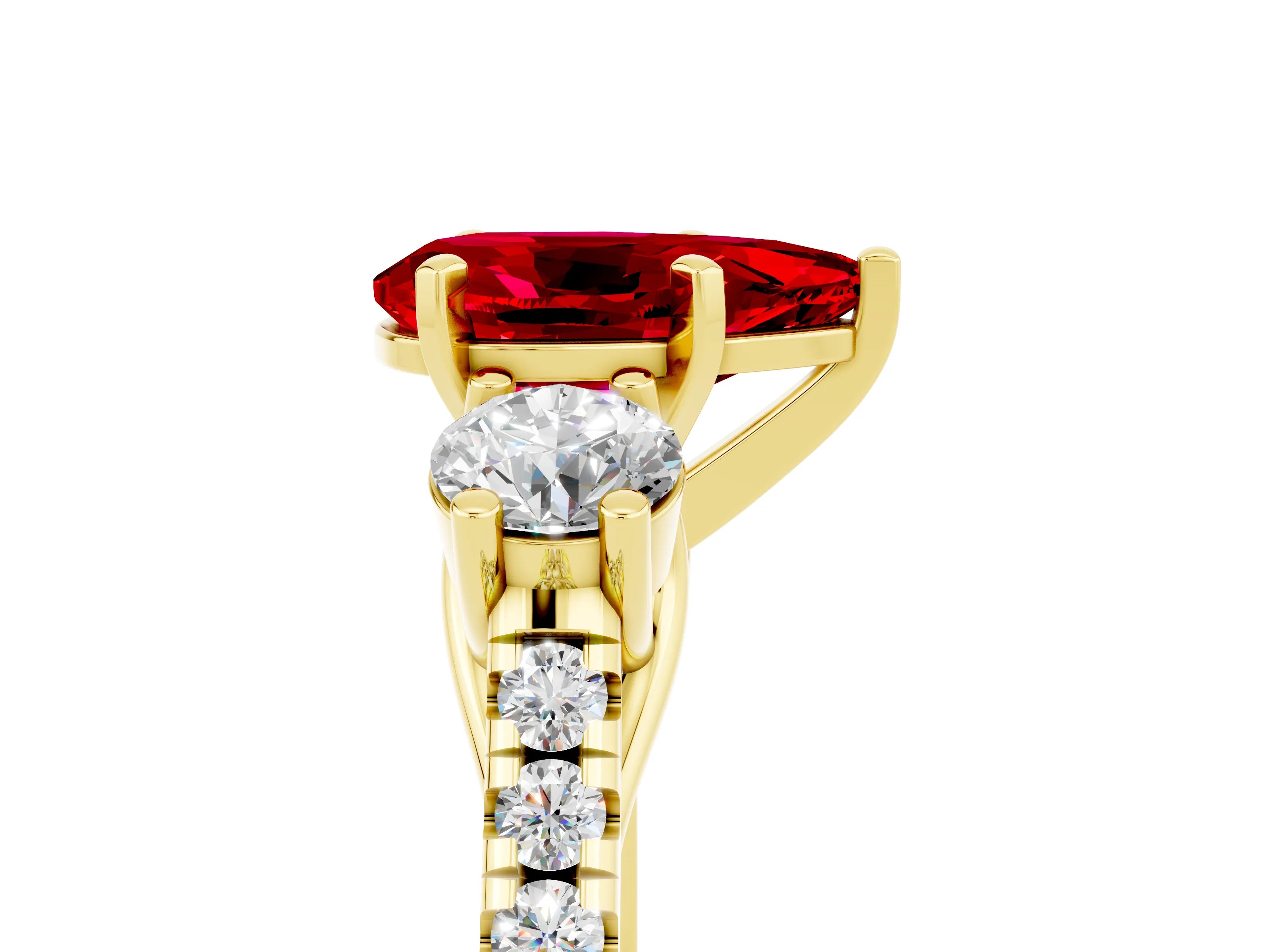 Yellow gold Three-Stone Pear Cut Ruby Pavé Band with Four-Prong Setting_5