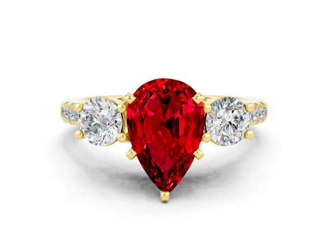 Yellow gold Three-Stone Pear Cut Ruby Pavé Band with Four-Prong Setting