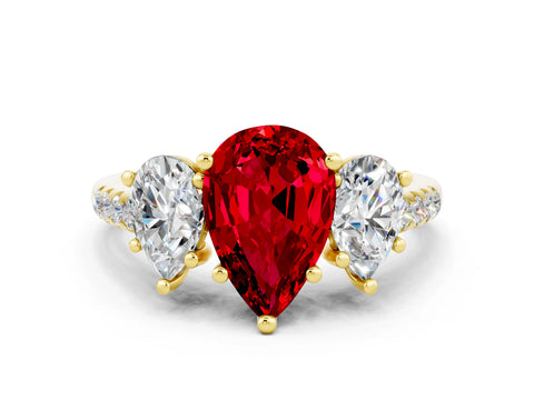 Yellow gold Three-Stone Pear Cut Ruby Ring with Pavé Band and Prong Setting_12