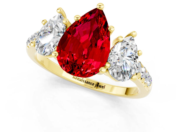 Yellow gold Three-Stone Pear Cut Ruby Ring with Round  Pavé Band and Prong Setting