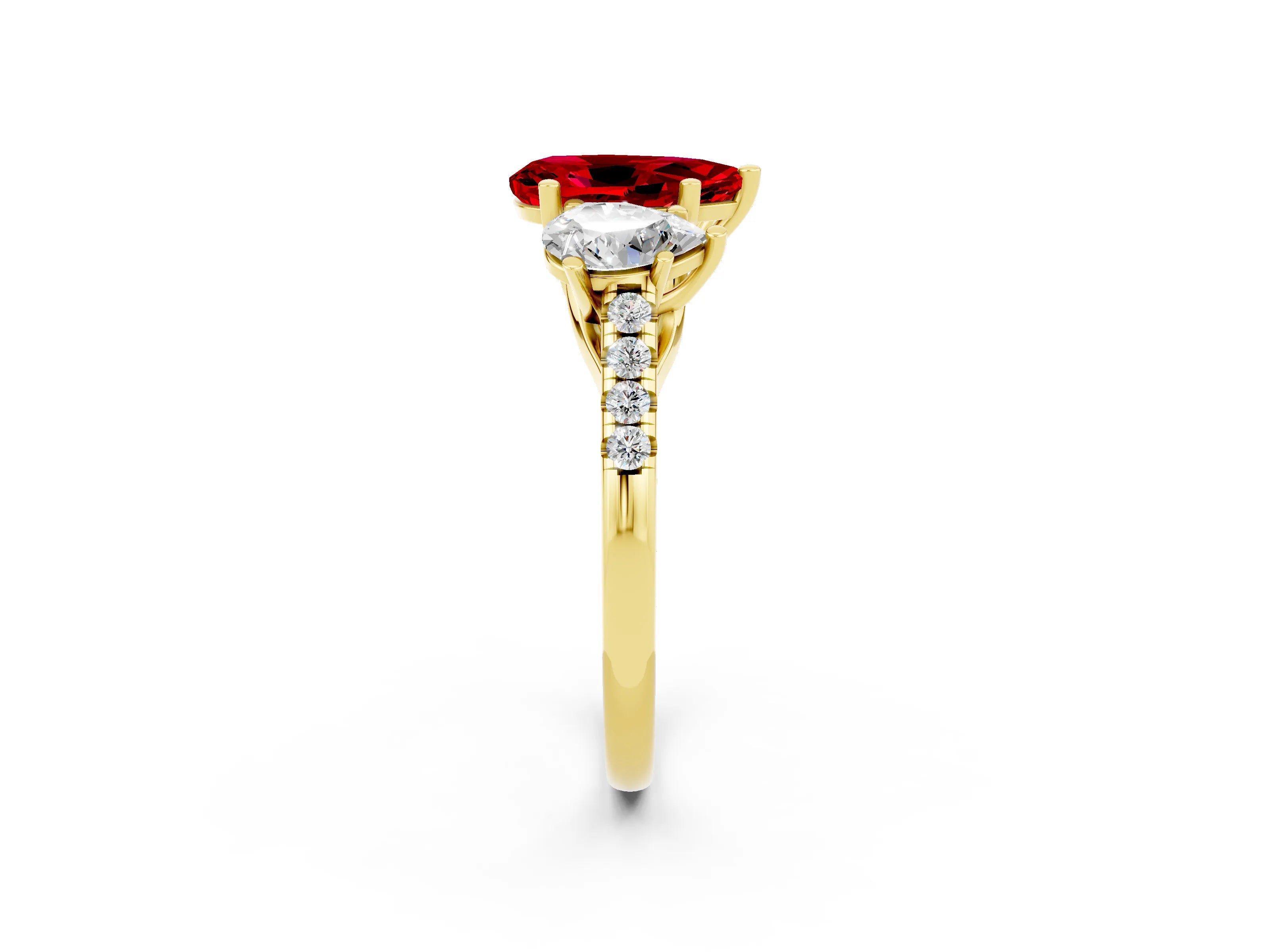 Yellow gold Three-Stone Pear Cut Ruby Ring with Pavé Band and Prong Setting_14