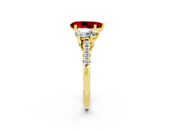Yellow gold Three-Stone Pear Cut Ruby Ring with Round  Pavé Band and Prong Setting