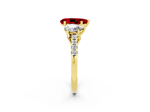 Yellow gold Three-Stone Pear Cut Ruby Ring with Pavé Band and Prong Setting_14