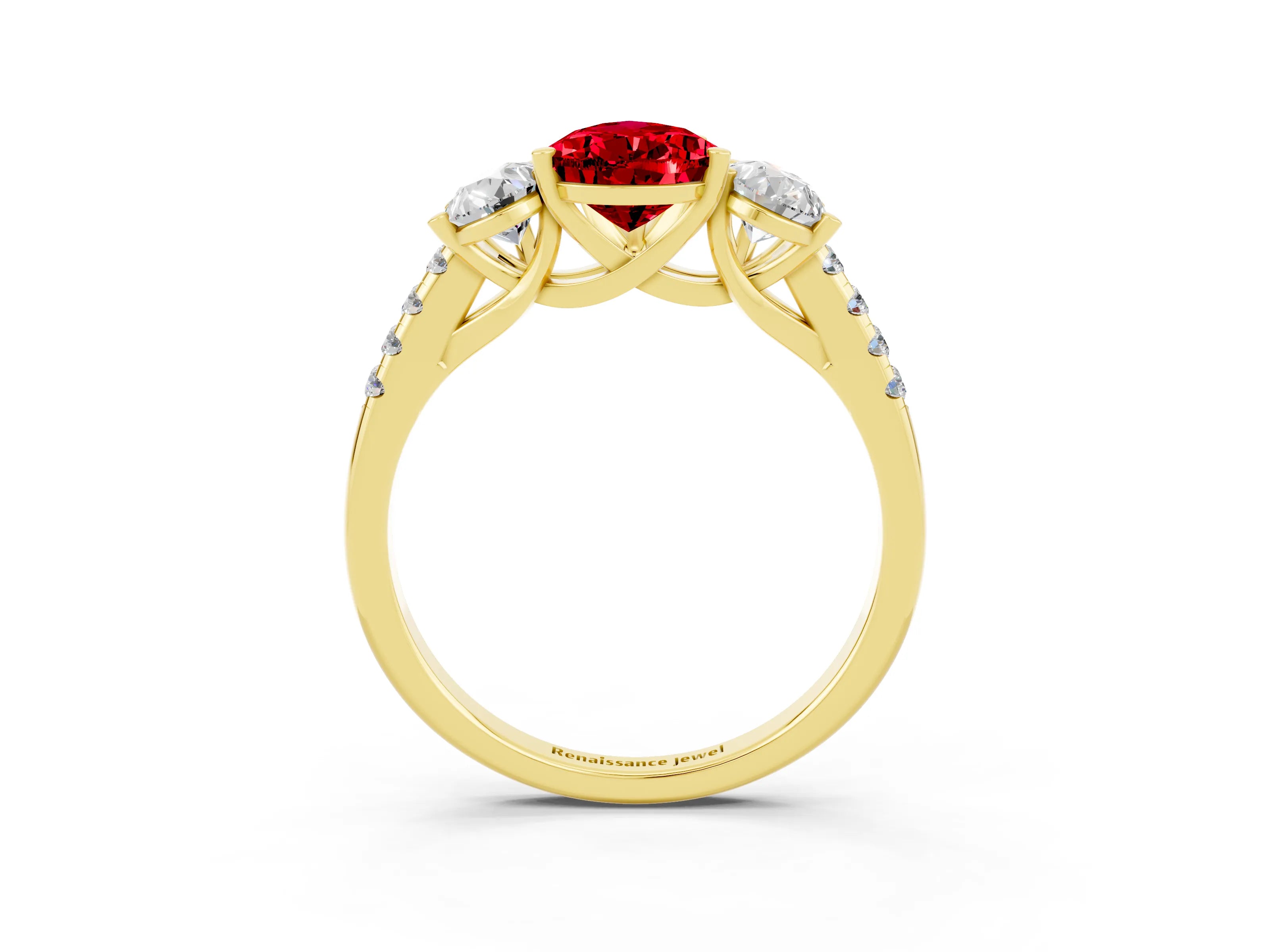 Yellow gold Three-Stone Pear Cut Ruby Ring with Pavé Band and Prong Setting_15