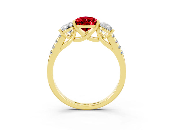 Yellow gold Three-Stone Pear Cut Ruby Ring with Round  Pavé Band and Prong Setting