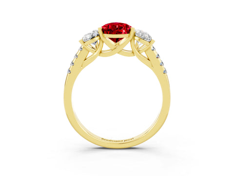 Yellow gold Three-Stone Pear Cut Ruby Ring with Pavé Band and Prong Setting_15