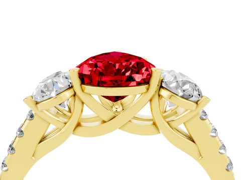 Yellow gold Three-Stone Pear Cut Ruby Ring with Pavé Band and Prong Setting_16