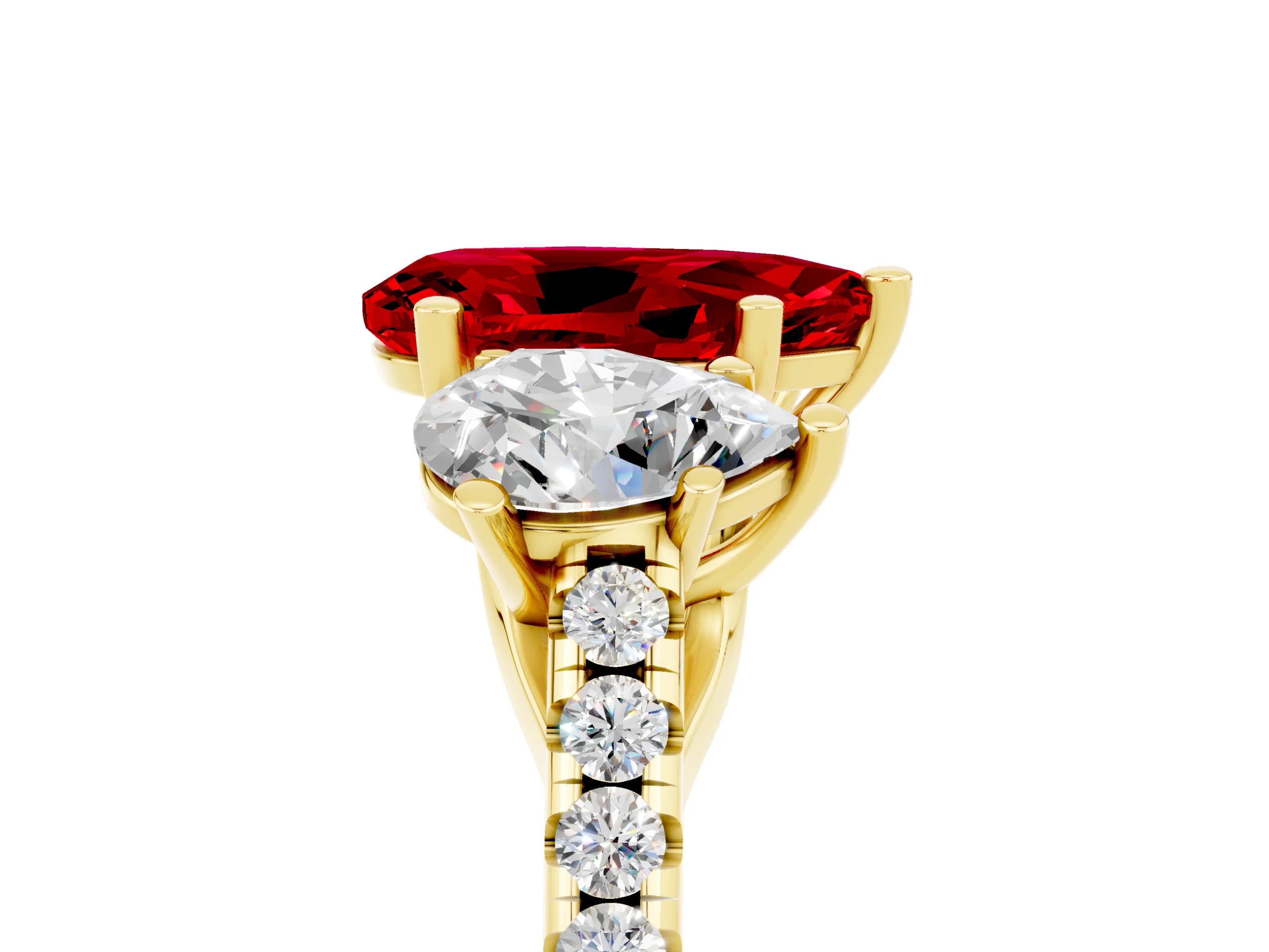 Yellow gold Three-Stone Pear Cut Ruby Ring with Pavé Band and Prong Setting_17