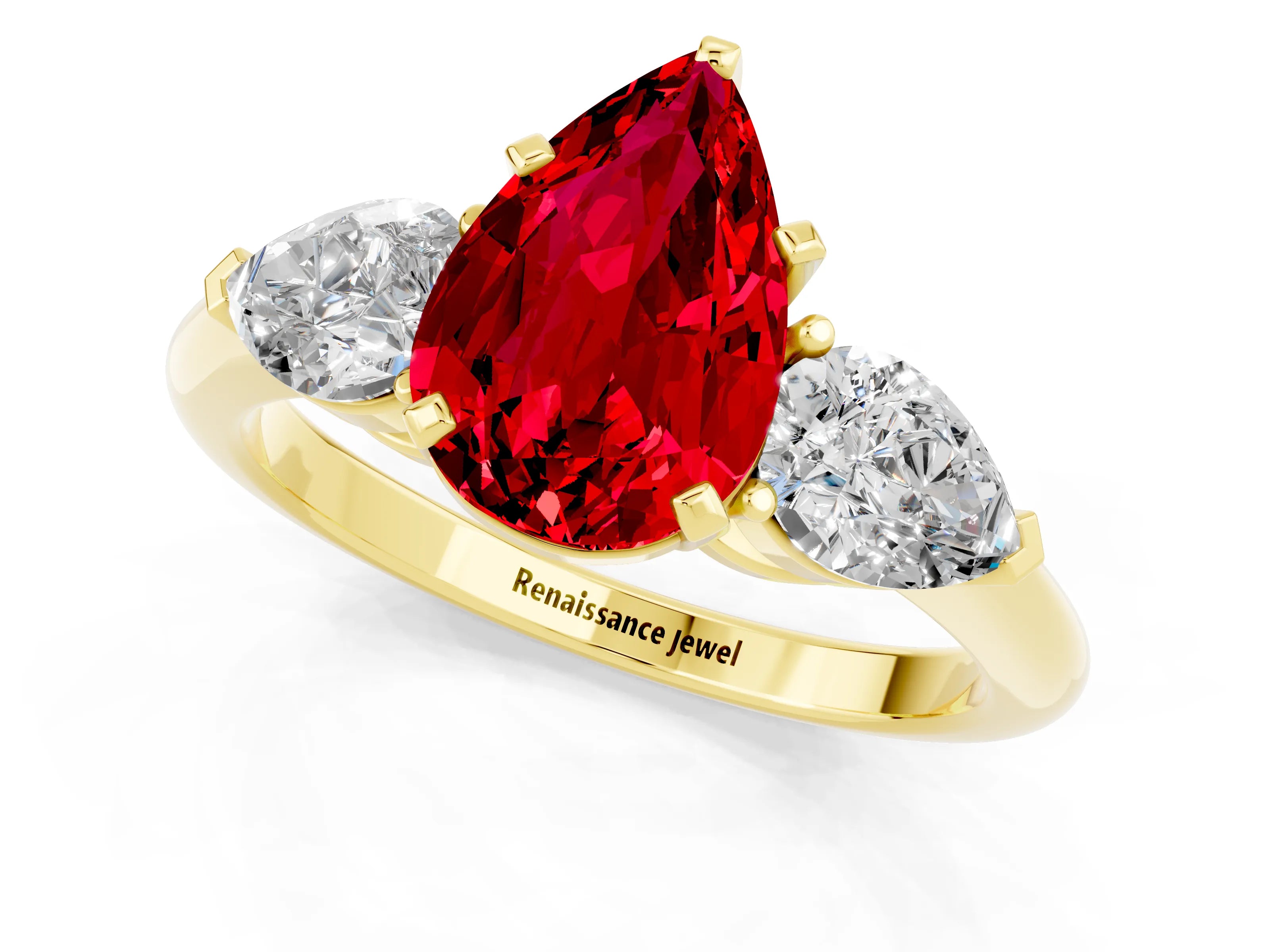 Yellow gold Three-Stone Pear Cut Ruby Ring with Pear Side Stones and Four-Prong Setting_1