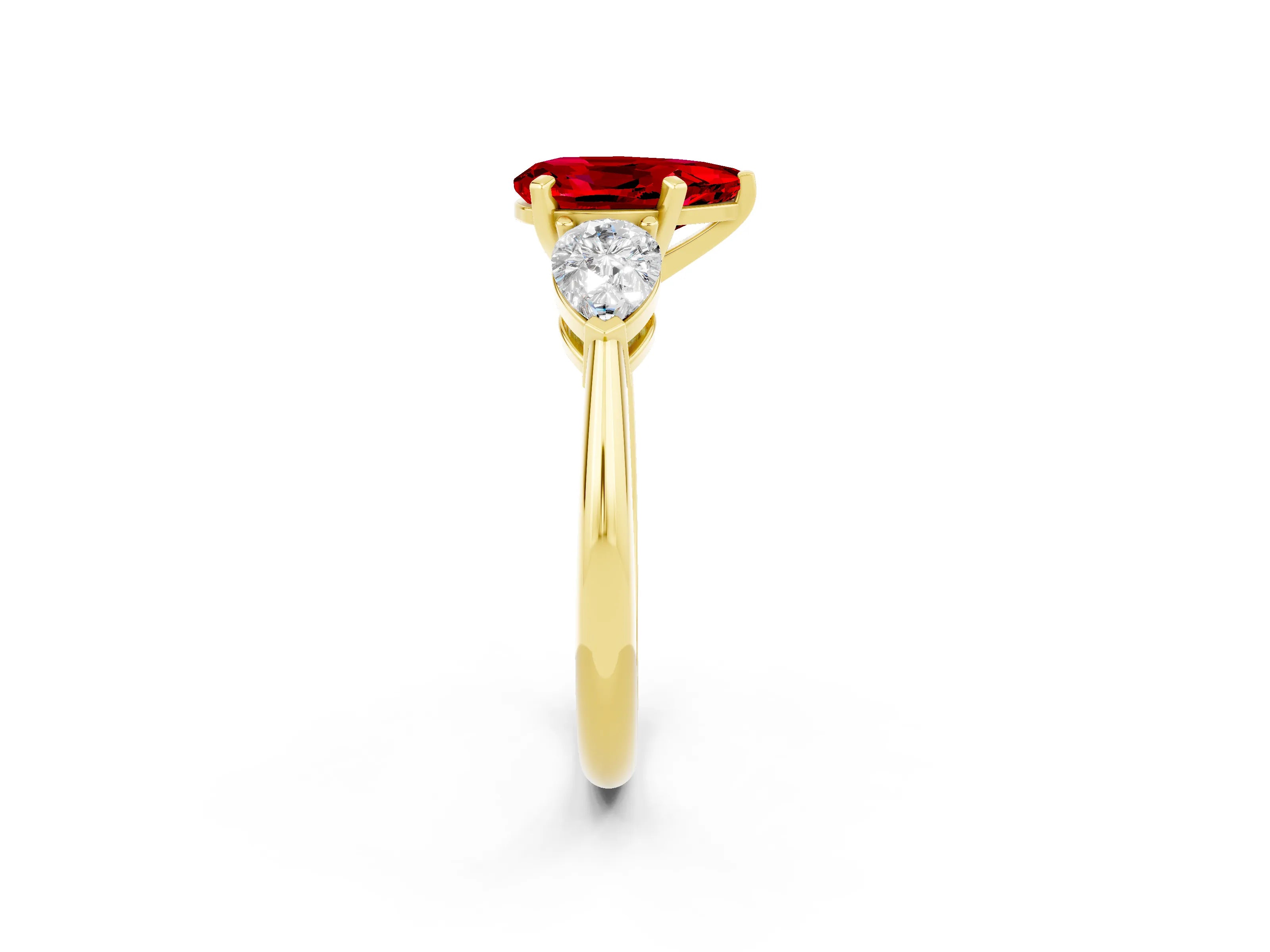 Yellow gold Three-Stone Pear Cut Ruby Ring with Pear Side Stones and Four-Prong Setting_2