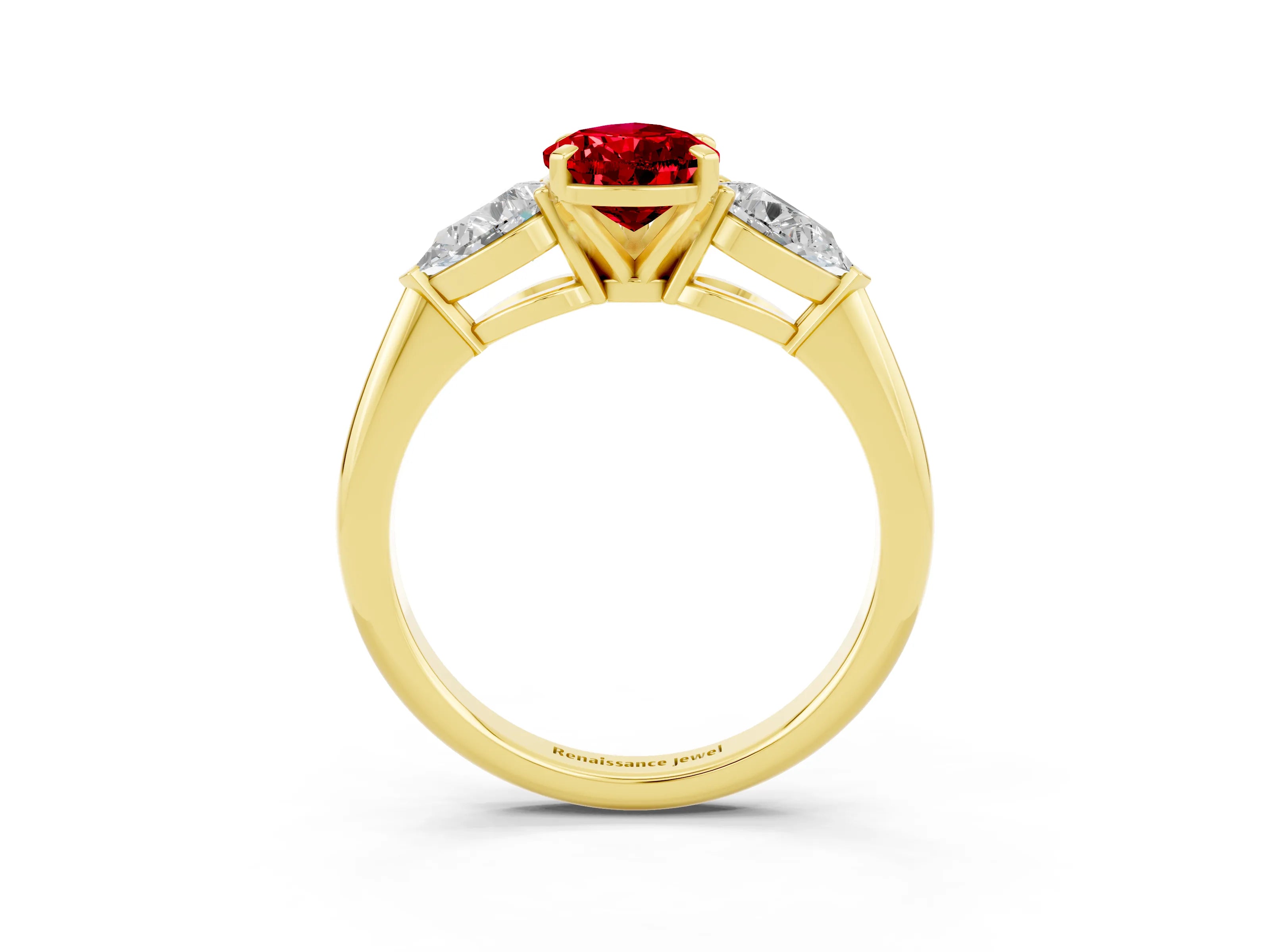 Yellow gold Three-Stone Pear Cut Ruby Ring with Pear Side Stones and Four-Prong Setting_3
