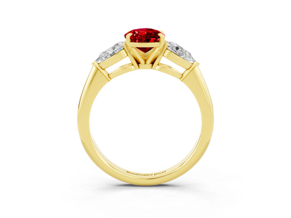 Yellow gold Three-Stone Pear Cut Ruby Ring with Pear Side Stones and Four-Prong Setting