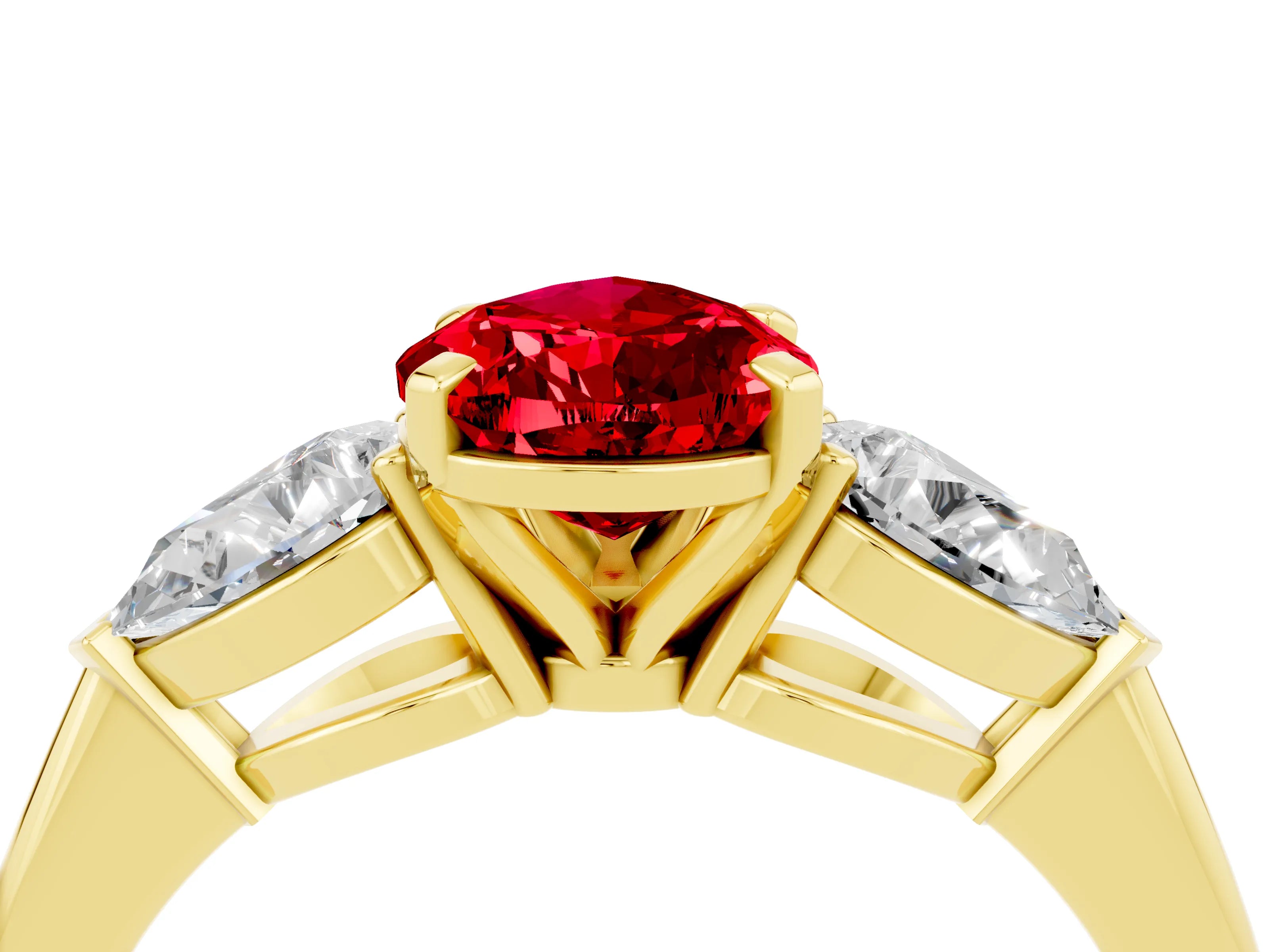 Yellow gold Three-Stone Pear Cut Ruby Ring with Pear Side Stones and Four-Prong Setting_4