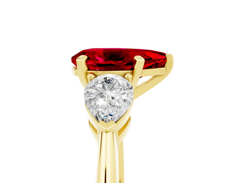 Yellow gold Three-Stone Pear Cut Ruby Ring with Pear Side Stones and Four-Prong Setting_5