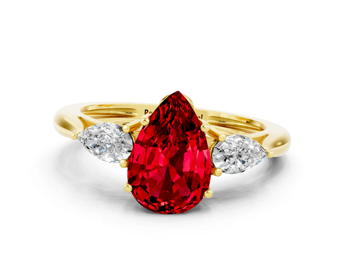 Yellow gold Three-Stone Pear Cut Ruby Ring with Pear  Side Stones in Four-Prong Setting_12