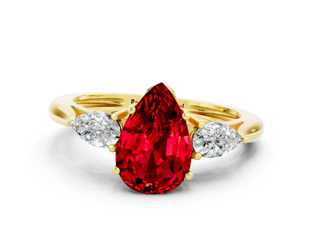 Yellow gold Three-Stone Pear Cut Ruby Ring with Pear  Side Stones in Four-Prong Setting_36
