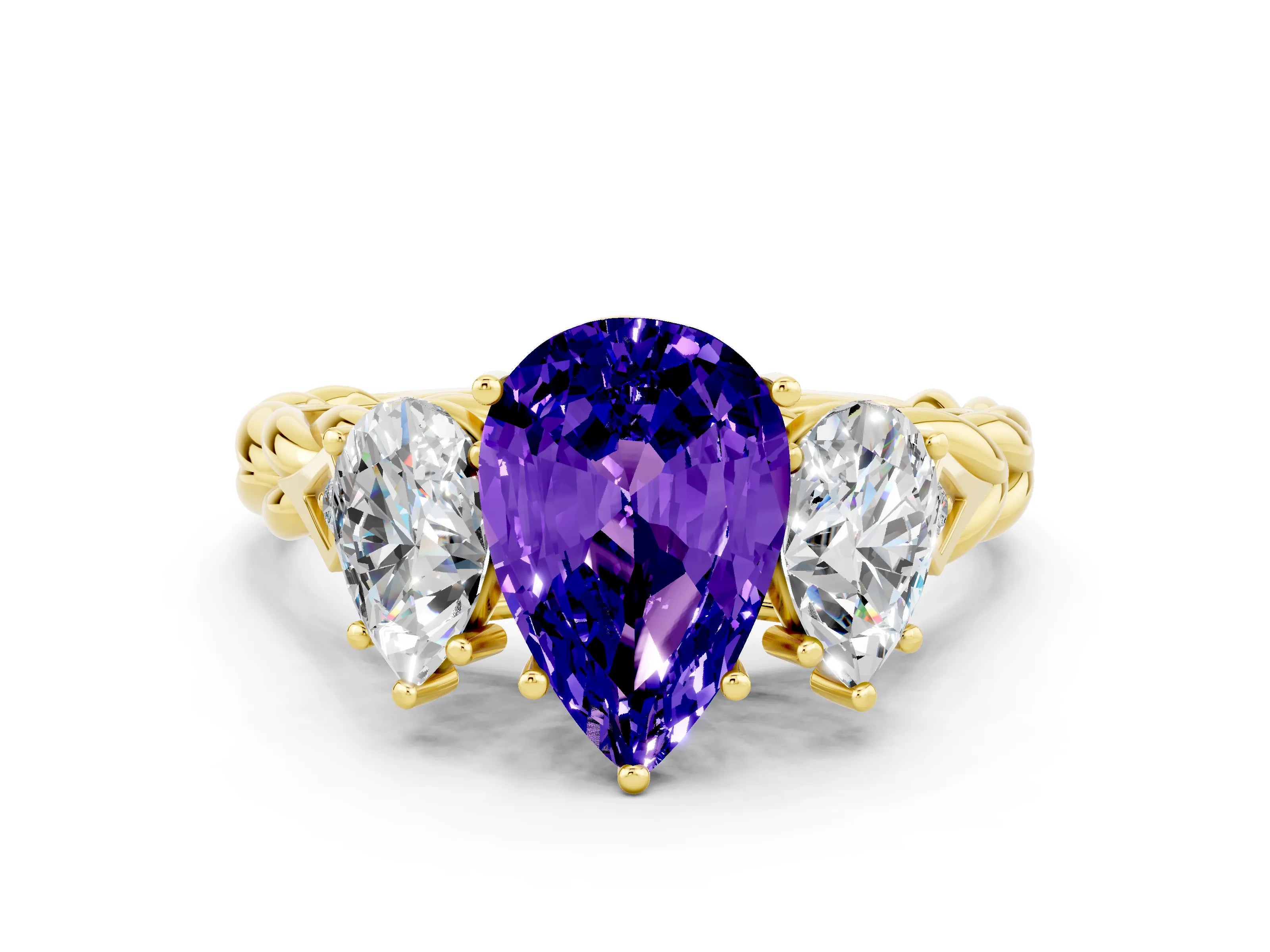 Yellow gold Three-Stone Pear Cut Tanzanite Braided Band Ring with Four-Prong Setting_12