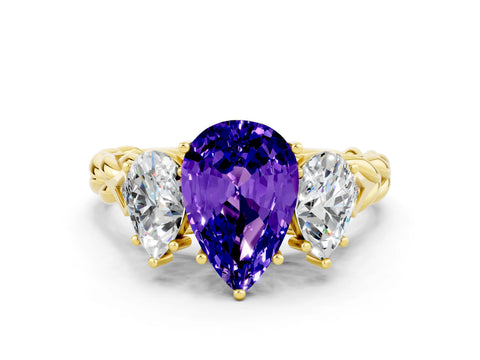 Yellow gold Three-Stone Pear Cut Tanzanite Braided Band Ring with Four-Prong Setting_12