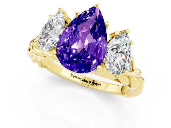 Yellow gold Three-Stone Pear Cut Tanzanite Braided Band Ring with Four-Prong Setting
