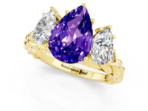 Yellow gold Three-Stone Pear Cut Tanzanite Braided Band Ring with Four-Prong Setting_13