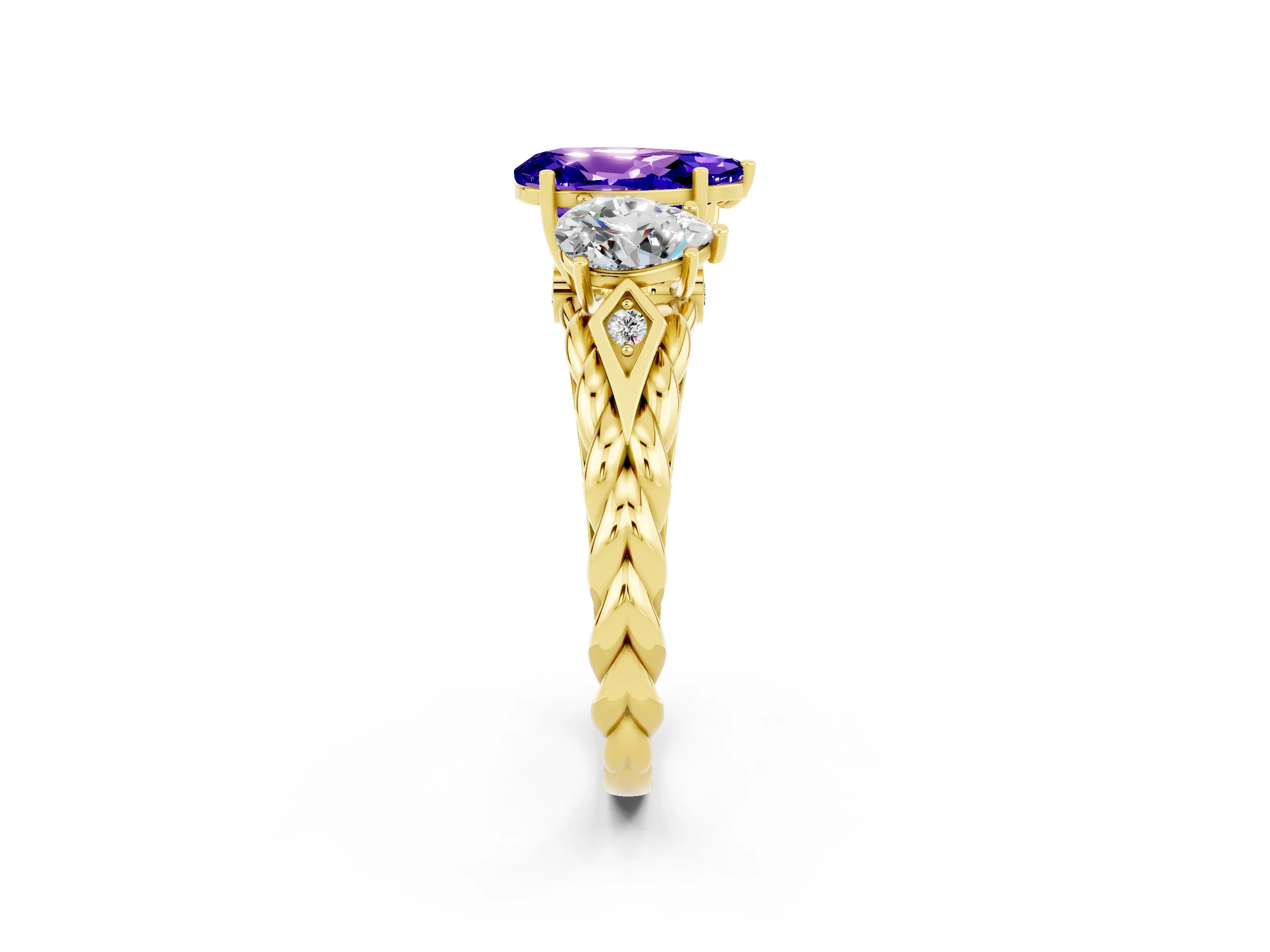 Yellow gold Three-Stone Pear Cut Tanzanite Braided Band Ring with Four-Prong Setting_14