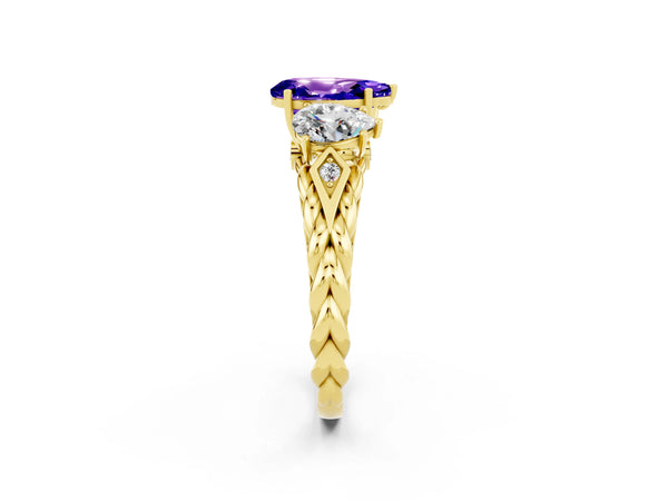 Yellow gold Three-Stone Pear Cut Tanzanite Braided Band Ring with Four-Prong Setting