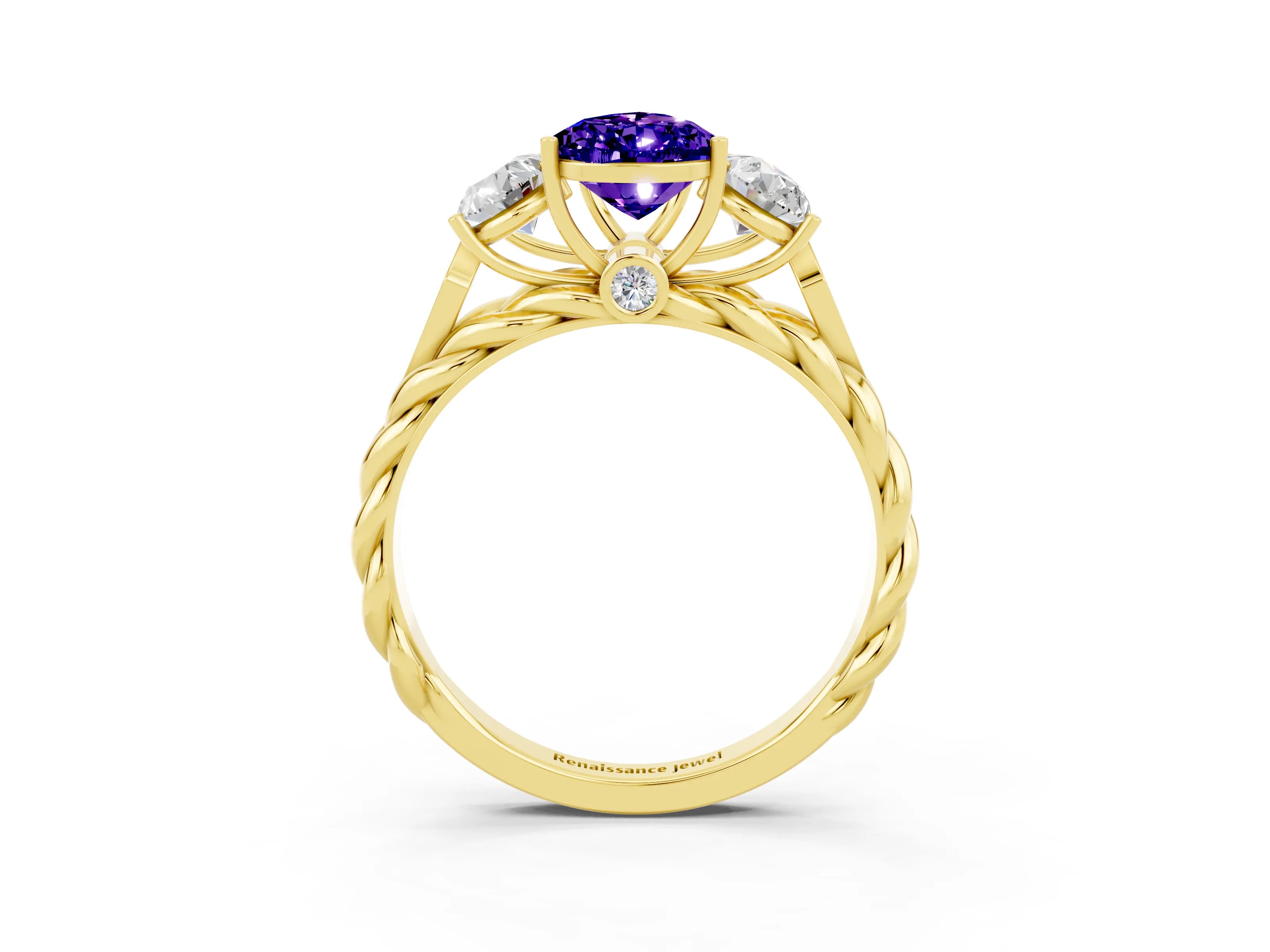 Yellow gold Three-Stone Pear Cut Tanzanite Braided Band Ring with Four-Prong Setting_15