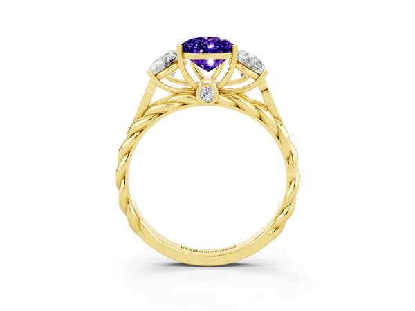 Yellow gold Three-Stone Pear Cut Tanzanite Braided Band Ring with Four-Prong Setting